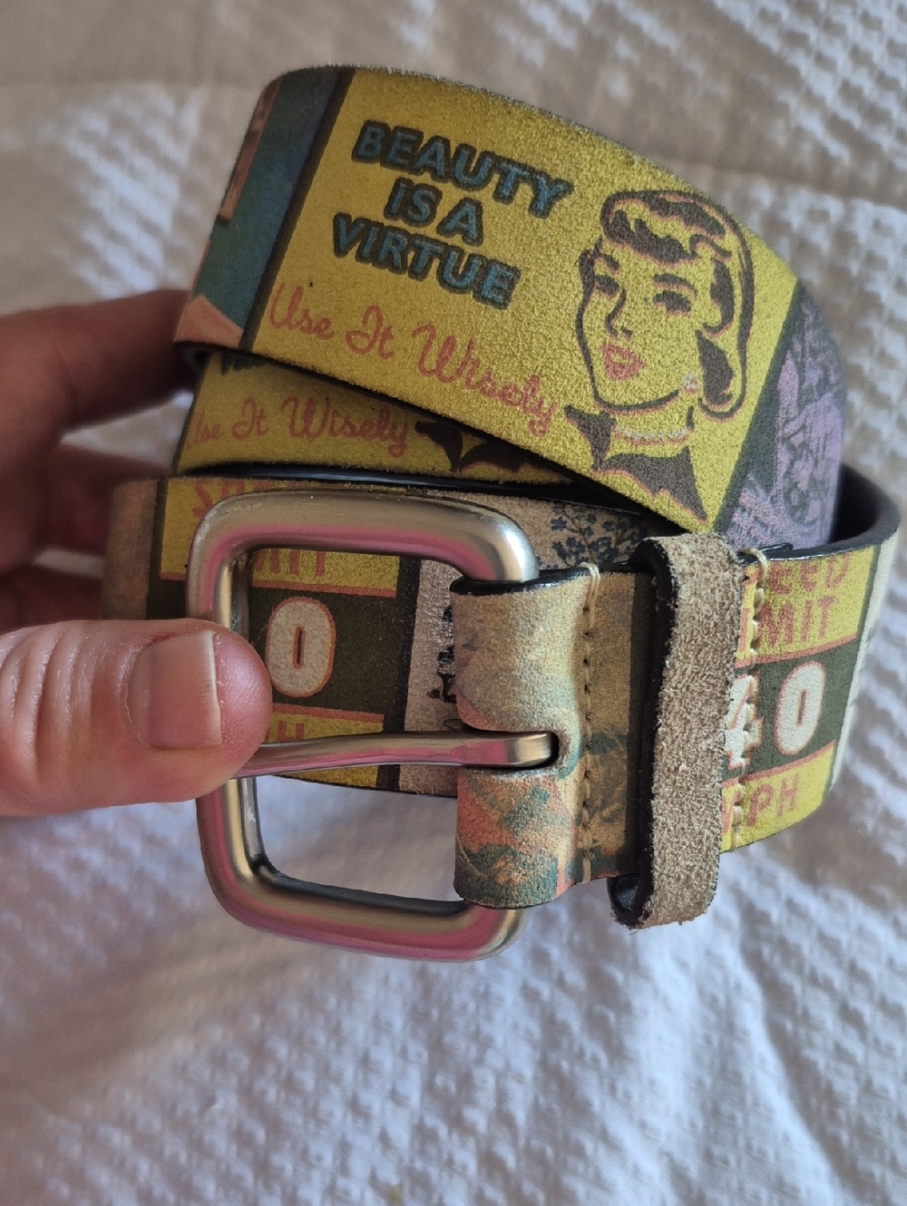 Vintage Graphic Yellow Print Leather Belt - Unbranded